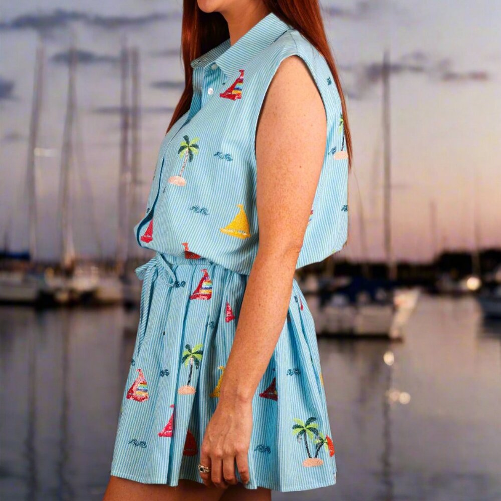 NWT Queen of Sparkles Blue Stripe Sail Boat & Palm Tree Icon Cotton Tie Dress - Picture 2 of 8